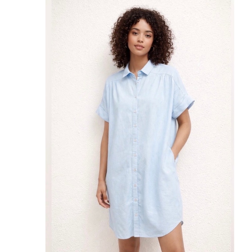 Well Worn Blue Linen Blend Button Front Shirt Dress XL Short Sleeve Pockets Boho